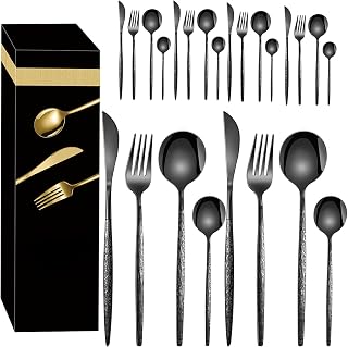 MJDHS Juego de Cubiertos Moderno de Acero Inoxidable, Incluye Tenedor, Cuchillo y Cuchara, Apto para lavavajillas(Size:24pcs,Color:Negro)