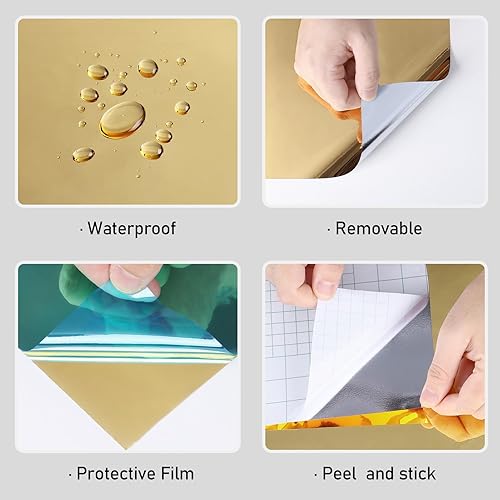 Miniatura 8 de Wallercity Espejo dorado adhesivo de vinilo para pared, espejo sin vidrio para niños, papel tapiz para despegar y pegar, espejo de gimnasio en casa,