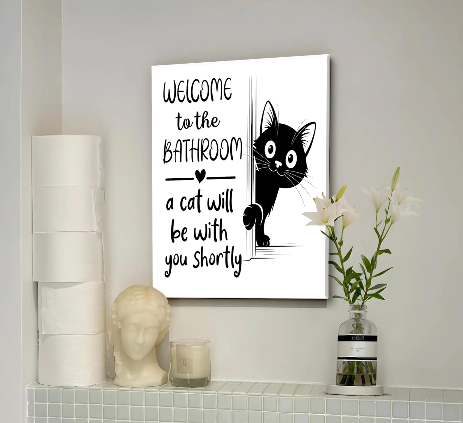 Black Cat Bathroom Wall Art Minimalist Black and White Washroom Painting Picture Welcome Sign Canvas Wall Decor Cat Lover Toilet Poster Prints Artwork for Bathroom Home Decoration