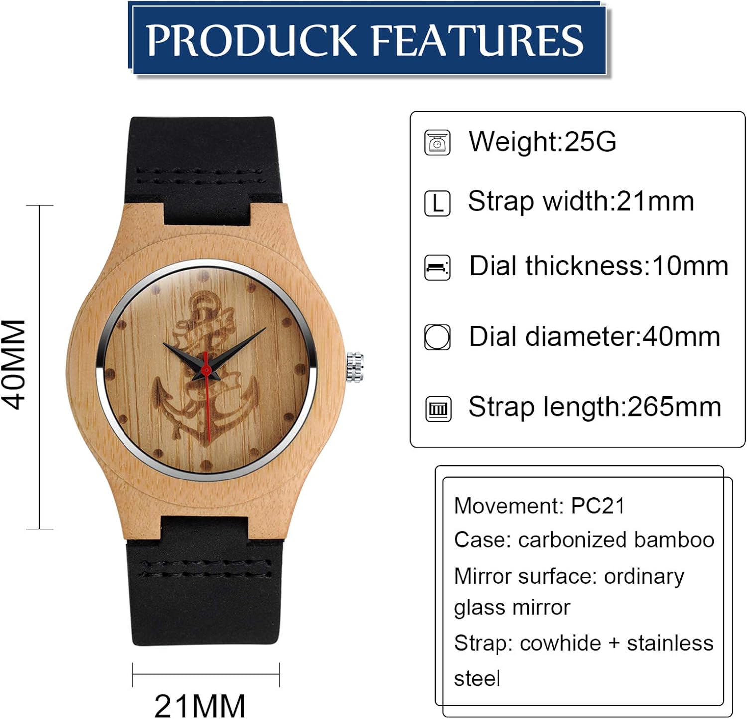 MicLee Men's Wrist Watches, Men's Women's Bamboo Wood Watch, Anchor Skull Wooden Watch, with Leather Band - Image 3