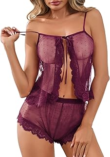 Sexy Women Lace Pajamas Lingerie Set High Waist Sheer Sleepwear Bow Ties Cami Shorts Set