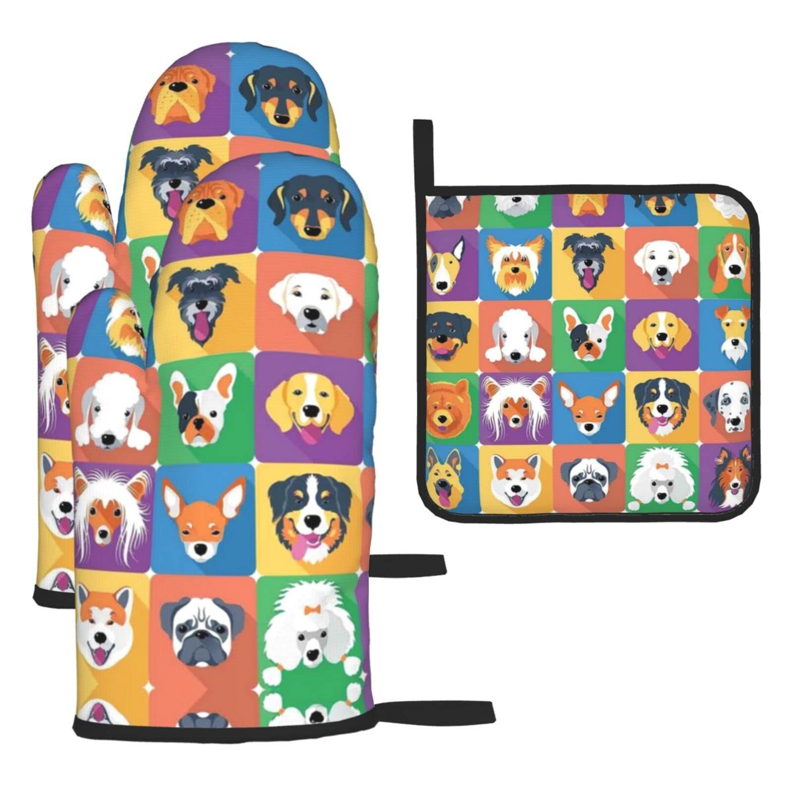 Dog Oven Mitts and Pot Holder Kitchen Set for Grilling, Cooking, Baking, Heat Resistant