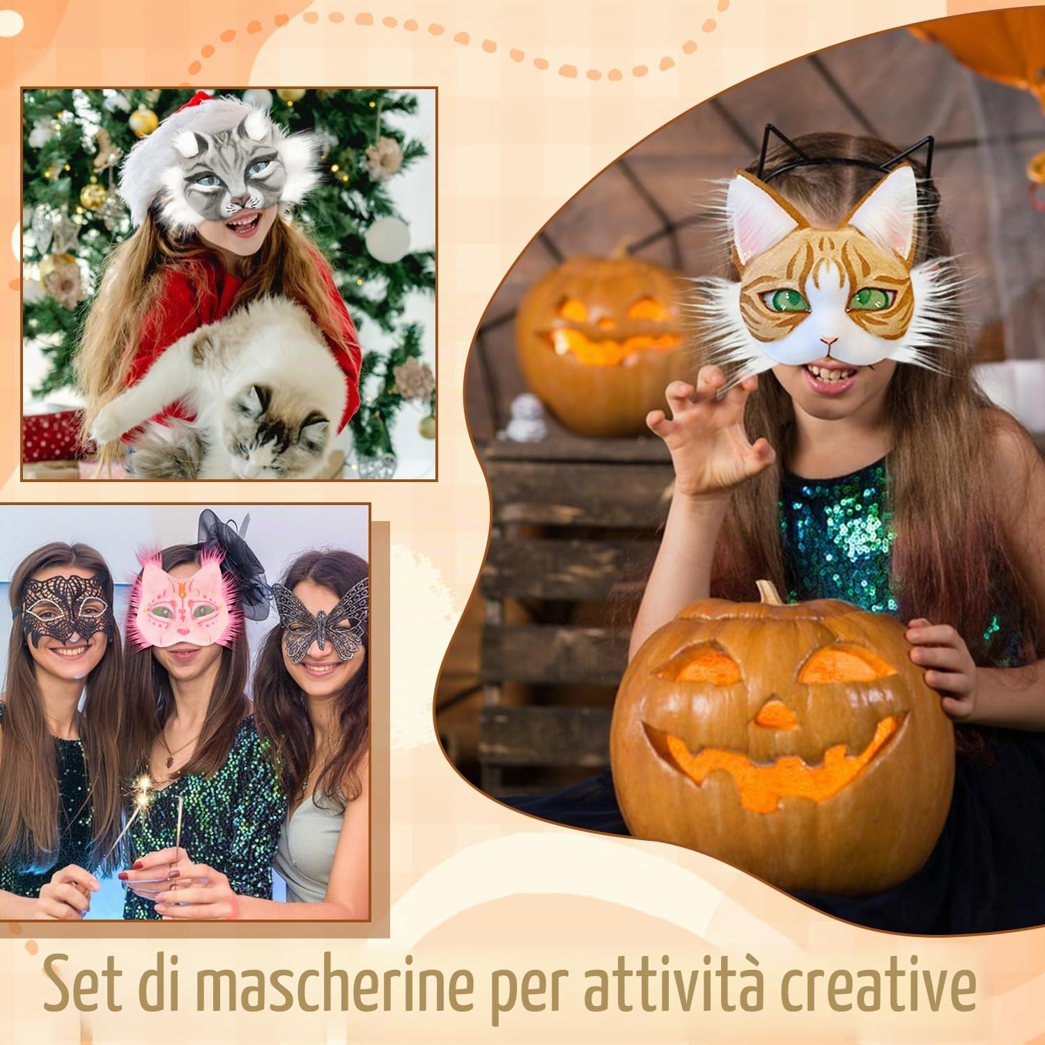Therian Mask, 6 Pezzi Maschera Gatto con Cinturino Elastico, Feltro Adesivo Brillantini Adesivi per Feste in Maschera, Cosplay, Giochi di Ruolo, Halloween