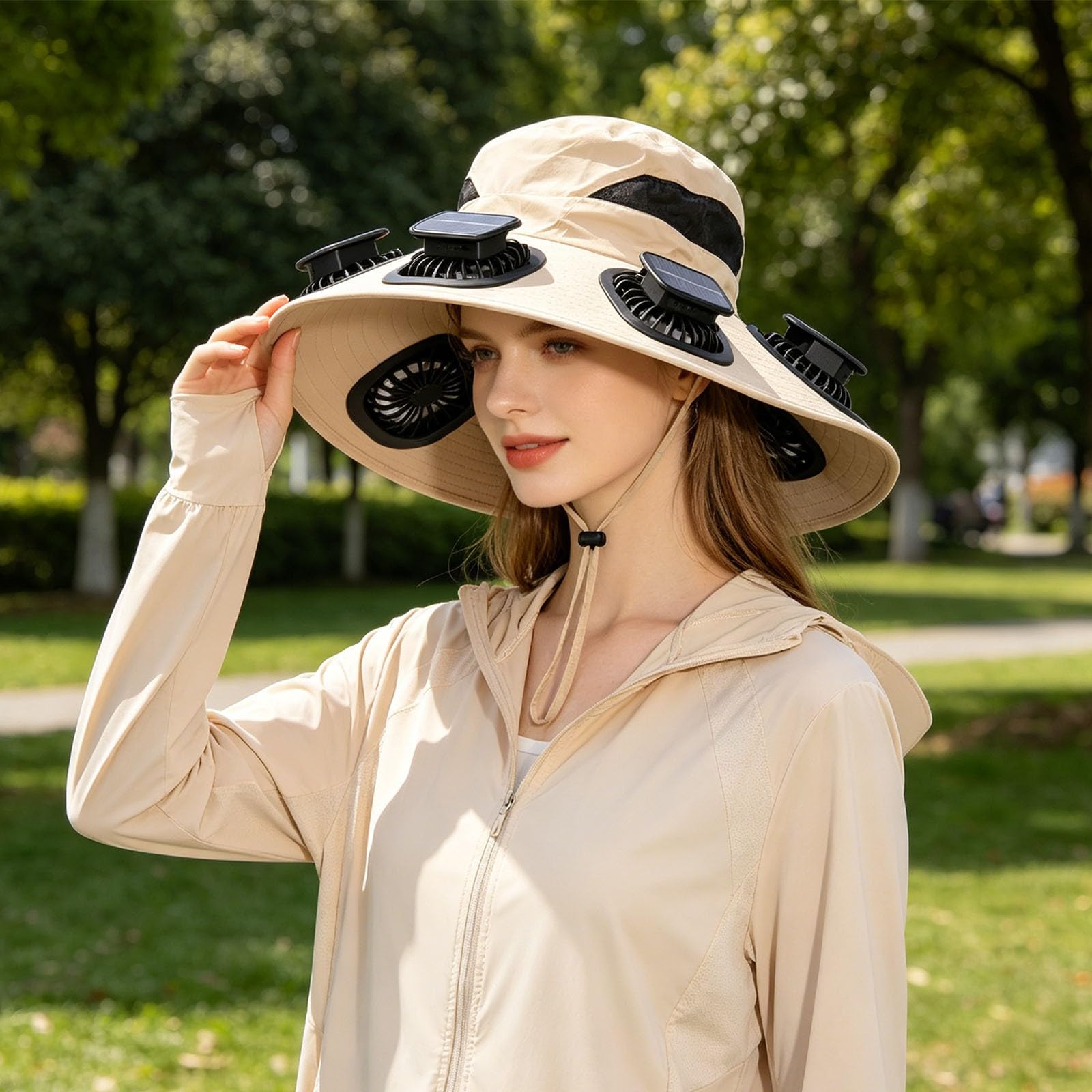 Chapeau de Soleil à Larges Bords pour l'extérieur, modèle 2026, avec 2 Ventilateurs solaires Amovibles et Protection UPF 50+. Idéal pour la randonnée et la Plage.