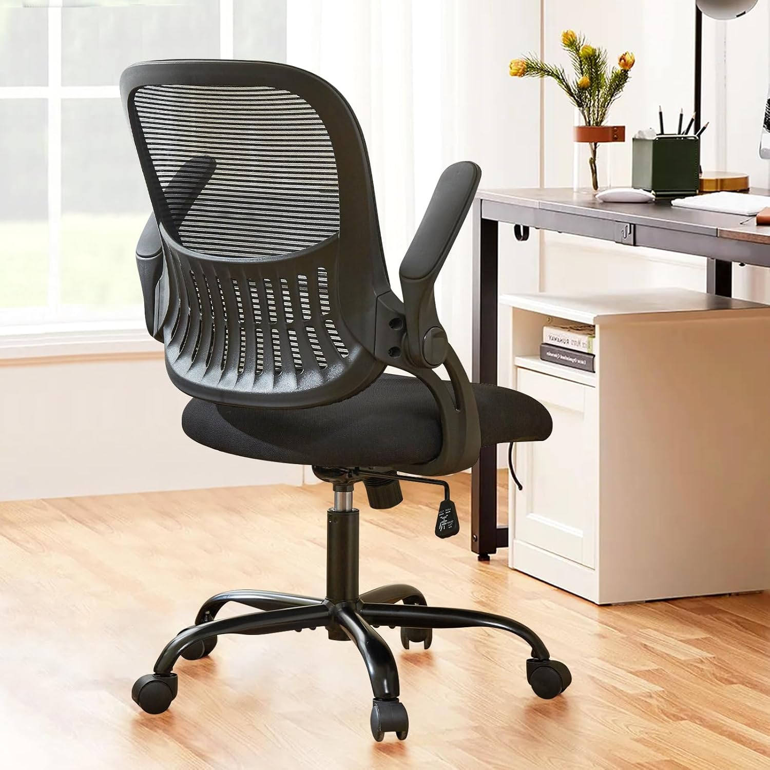 Office Chair, Ergonomic Computer Desk Mesh Rolling Work Swivel Task Chairs with Flip-up Armrests, Comfortable Lumbar Support, for Home, Bedroom, Study, Black