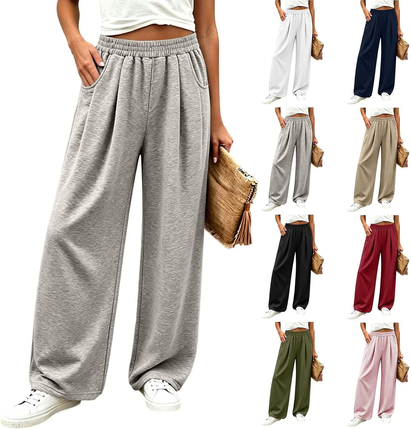 Women's Baggy Sweatpants Wide Leg High Waist Pleated Trousers | Elastic Waist Oversized Athletic Joggers Trousers Sports Causal Lounge Pant with Pockets Trendy Y2K Sweat Pants