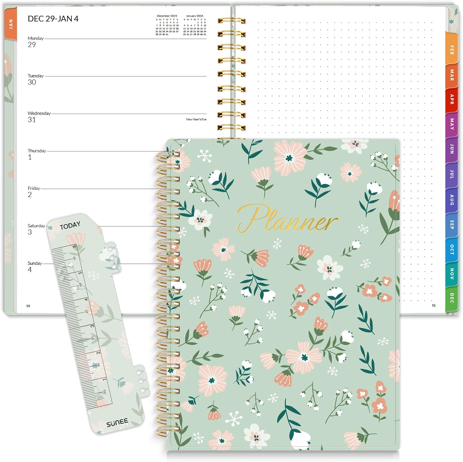 SUNEE 2026 Planner, Weekly and Monthly Calendar Planner, January 2026-December 2026, Daily Agenda with Tabs, Note Pages, Spiral Binding, 6.4"x8.3", Wildflowers