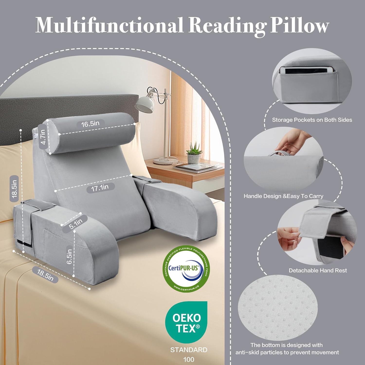 Reading Pillow for Sitting in Bed Adult Multi-Function Grey Back Pillow Bed Chair with Arm Rest Big Pockets, Backrest Support Pillow for Gaming/Resting/TV/Bedrest/Couch/Floor