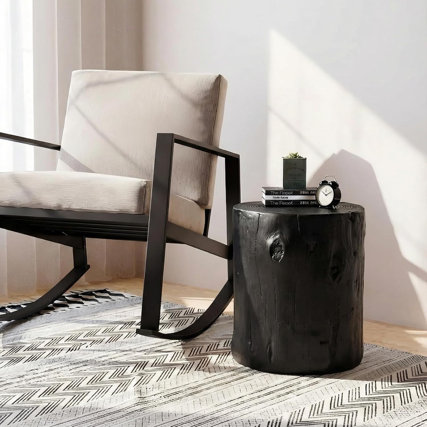 SUNBURY Outdoor Stump Side Table, Faux Wooden Concrete End Table, Black Round Patio Accent Table,Decorative Planter Stand Ottoman for Garden Household Living Room