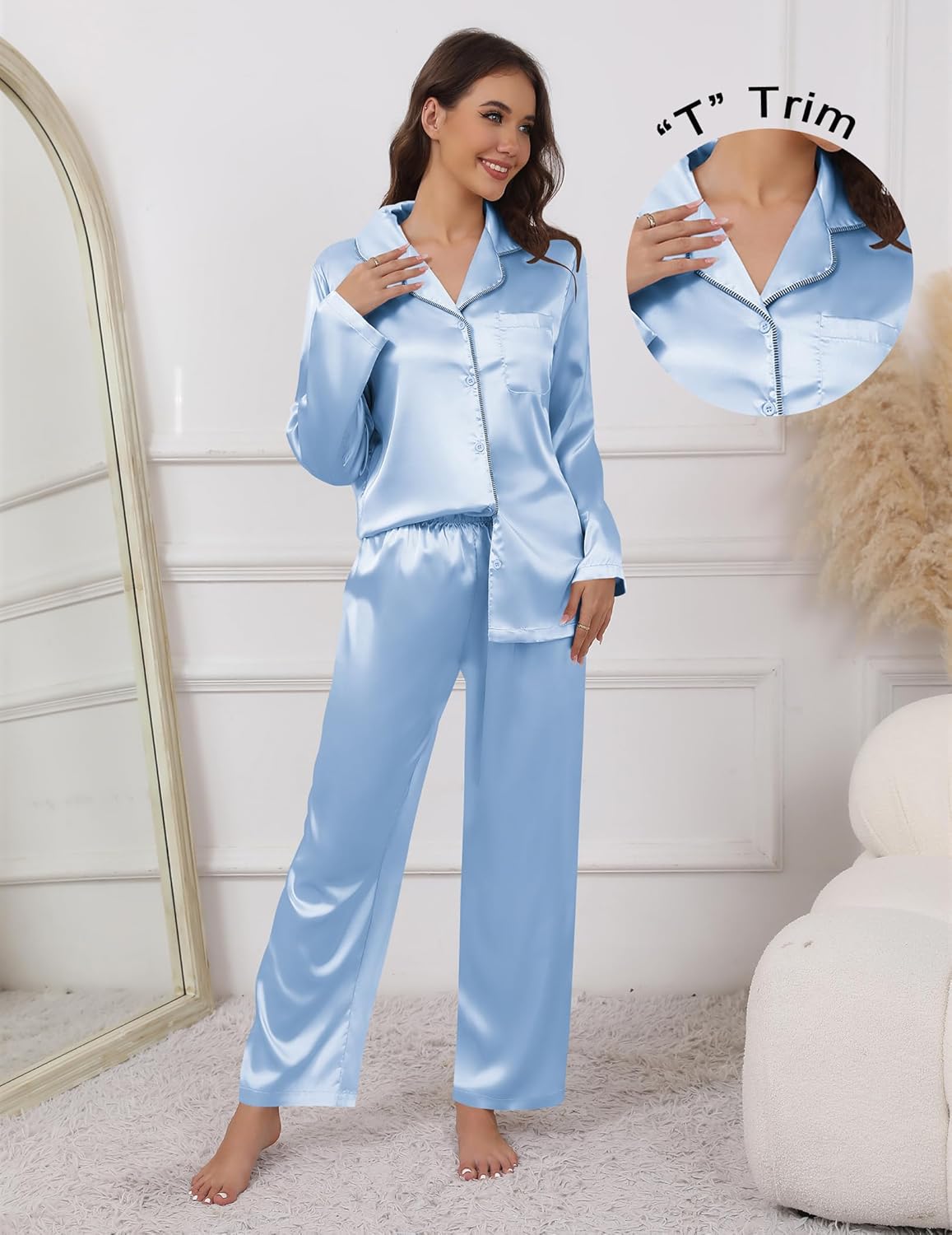 Ekouaer Pajamas For Women Set Silk Pjs 2 Piece Satin Sleepwear Long Sleeve Button Down Lounge Sets With Pant - Image 4