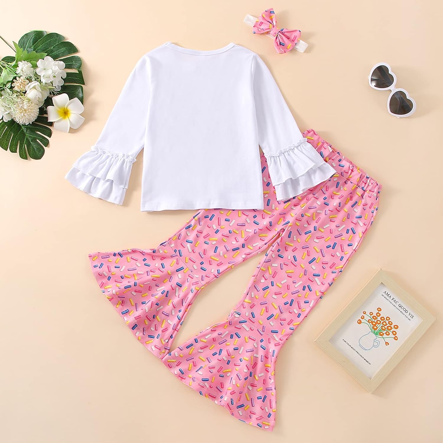 Toddler Baby Girls Birthday Outfits Letter Tassel Shirt Donut Cake Floral Flared Long Pants Headband 3Pcs Summer Set - Image 3