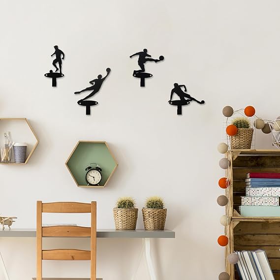 Soccer Metal Wall Decor 4 Pack Wall Hooks | Matte Black Metal Wall Rack with 4 Soccer Ball Hooks Predrilled for Simple Mounting Medal Hanger Display for Kids