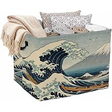 56L Ukiyo-e Waves Laundry Basket Clothes Hamper with Handles,Foldable Blanket Storage Large Laundry Hamper with Waterproof PE,Toy Storage Bin Organizer,Cube Clothes Organizer,Home Decor