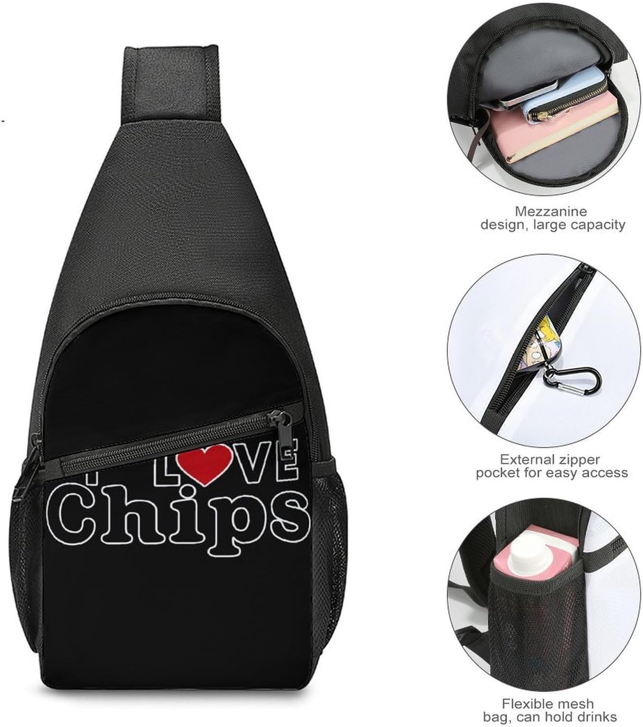 I Love Chips Crossbody Sling Backpack Chest Bag Daypack | unisex,trendy,with convertible and detachable shoulder strap,side pockets