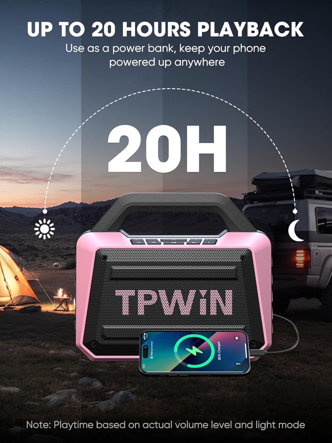 Wireless Bluetooth Speakers - Portable Speaker 80W Peak, 20H Playtime, Light Shows, Loud Speaker with Strong Bass, BT 5.3, TWS, IPX6 Waterproof for Home Travel Outdoor Beach Camping - Pink - Image 3
