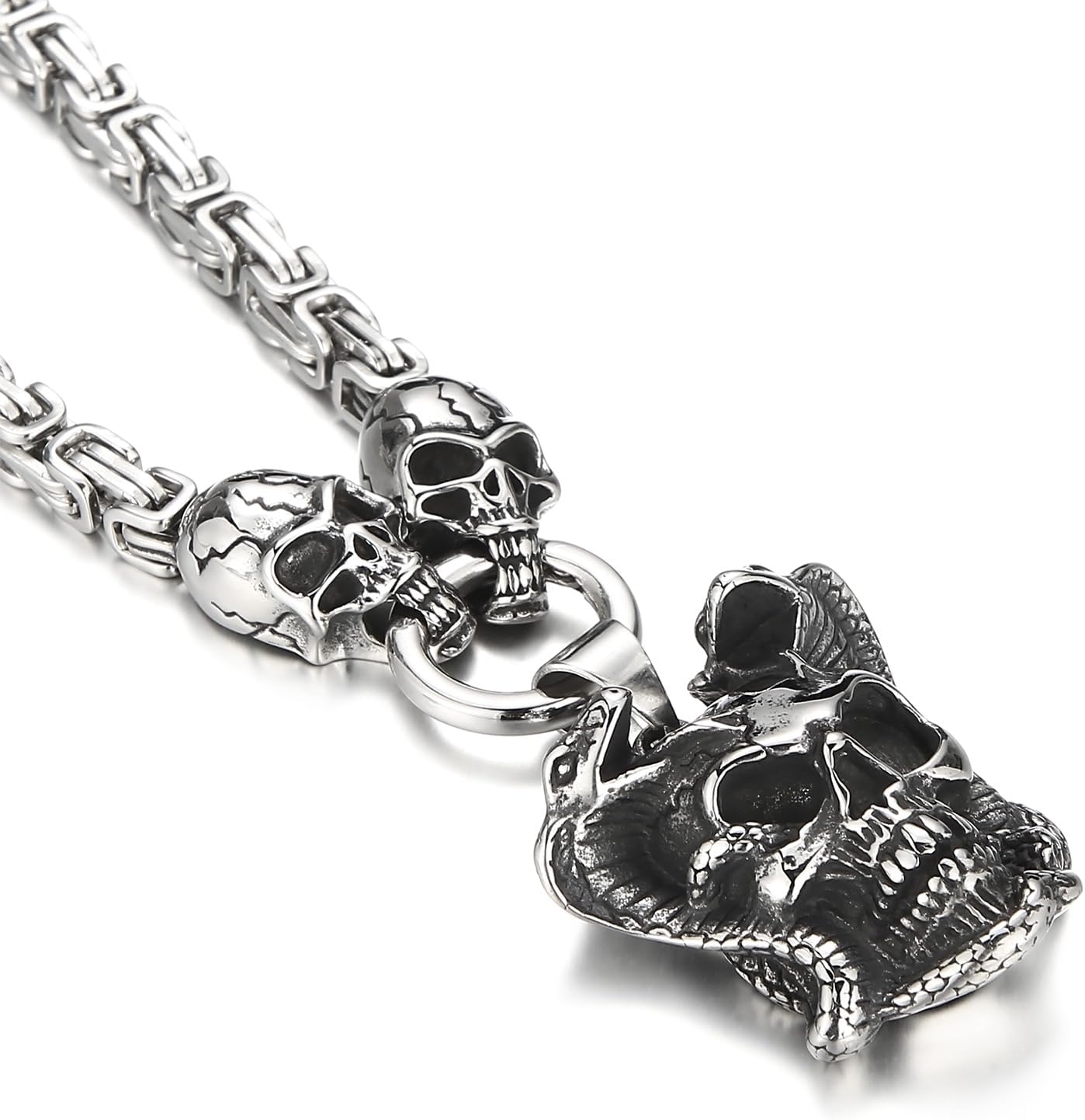 Gothic Skull Snake Necklace for Men Women Stainless Steel Silver Tone Cuban Link Chain Punk Retro Mens Jewelry Pendant Necklace