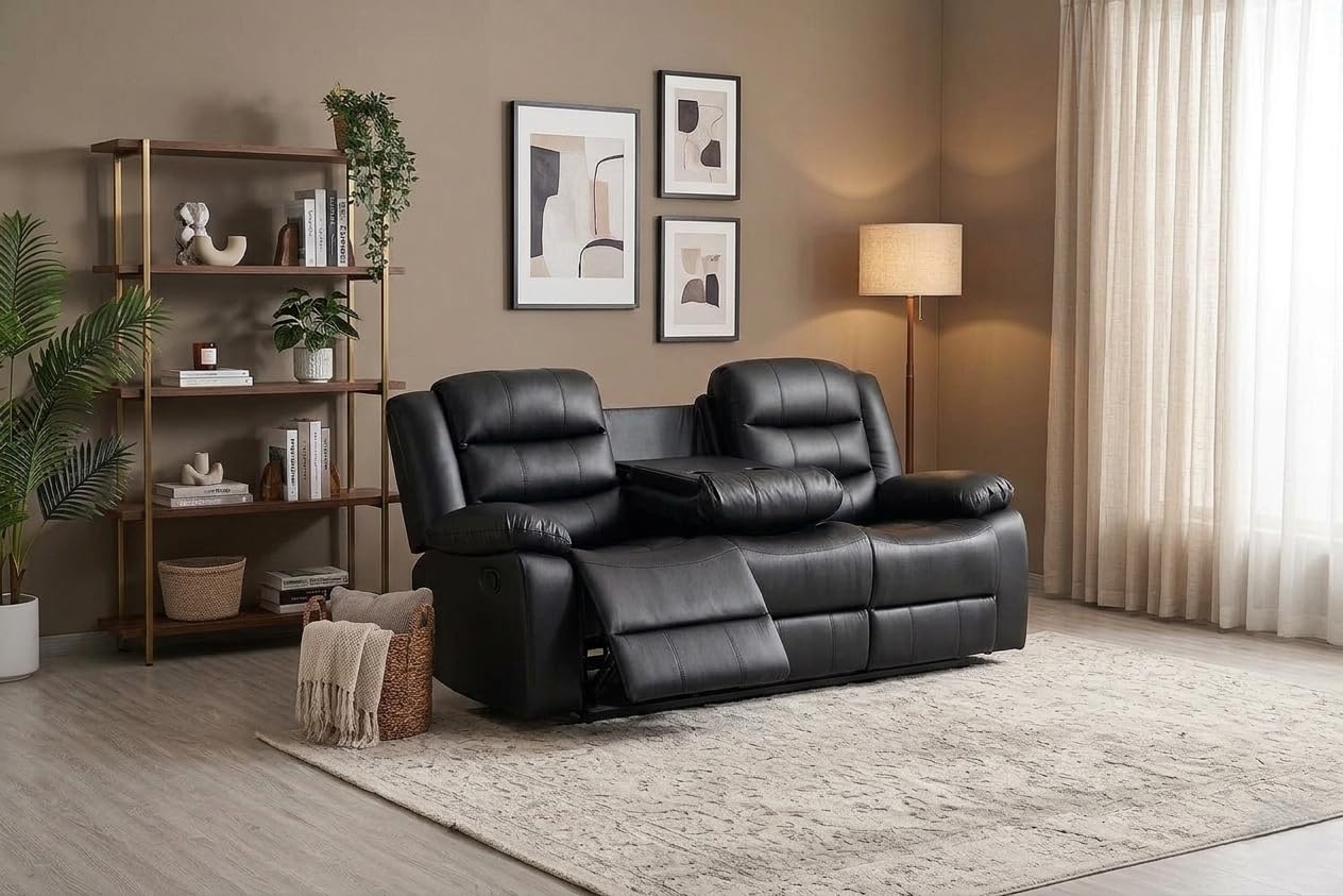 Divano Reclinabile 3 Posti in Pelle Nera con Portabicchieri – Sofà Relax Moderno con Sedili Reclinabili e Comfort Imbottito – 200 × 90 × 90 cm
