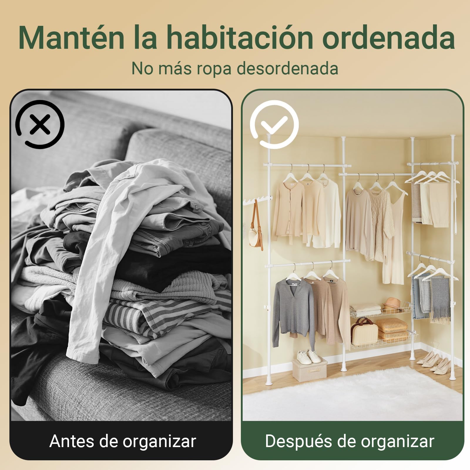 SoBuy Barra Telescópica Perchero Burro Ropa Resistente, Armario Abierto Ajustable con Barras y Estantes para Dormitorio y Vestidor, Blanco KLS04-II-W