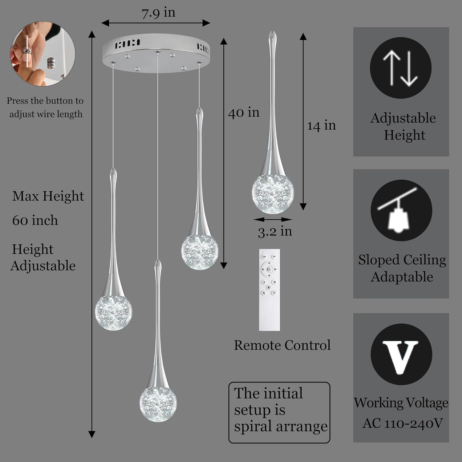 Modern Crystal Kitchen Island Chandelier 3-Lights Chrome, LED Dimmable Raindrop Indoor Lighting Fixture for Dining Room Foyer Entryway Remote Control