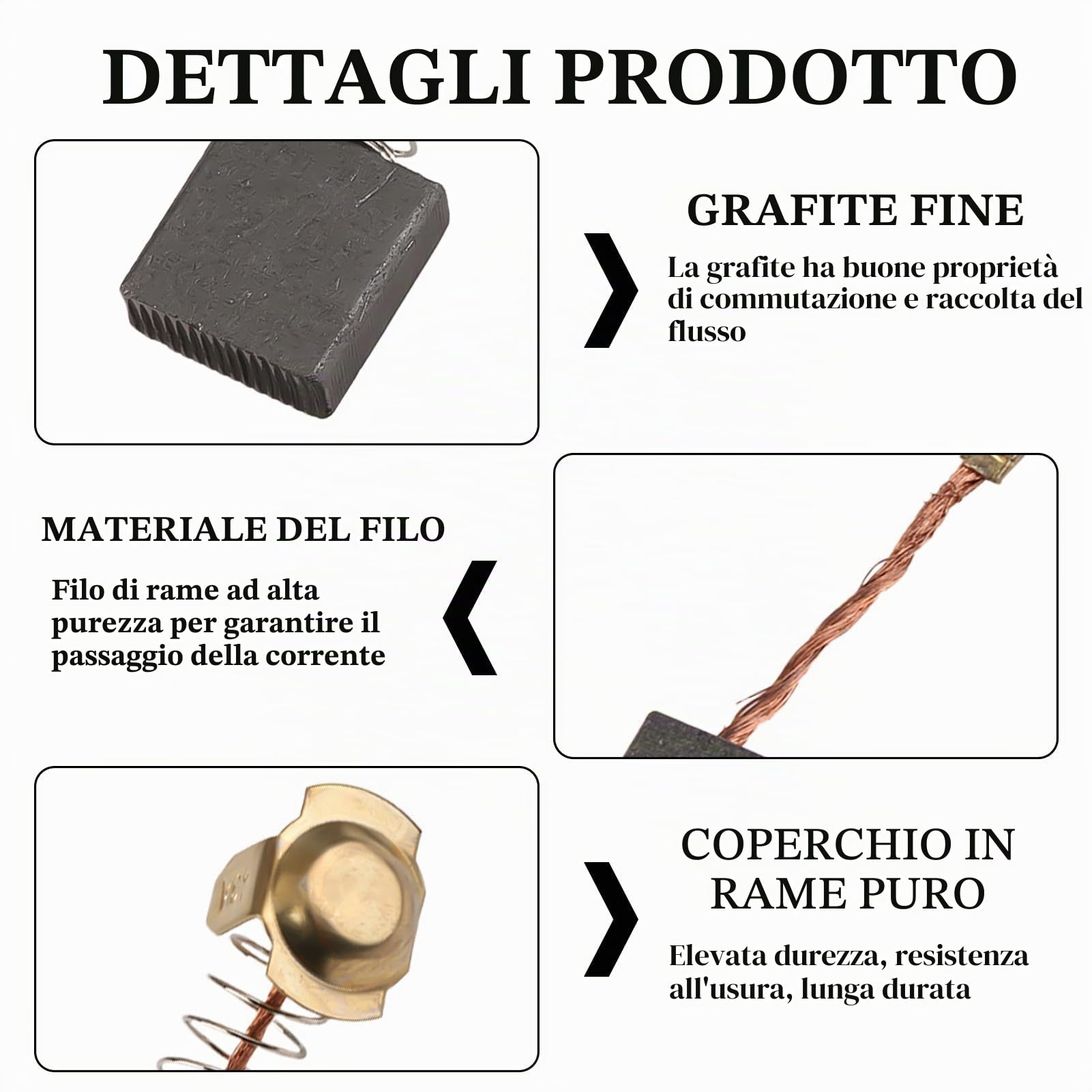 Set di 30 Spazzole di Carbone per Utensili Elettrici, Sostituzione di Alta Qualità per Motori, Dimensioni multiple, adatte per cantieri, Nero e Rame