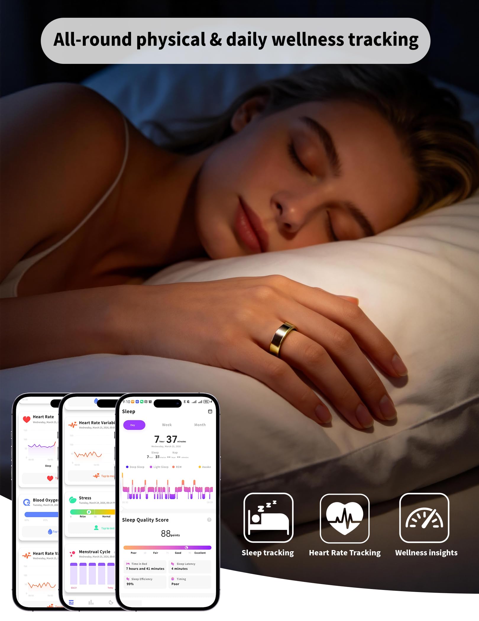 NewTrip Anillo inteligente para mujeres y hombres, rastreador de actividad física, frecuencia cardíaca, tendencias de sueño, 128 modos deportivos, control de gestos, seguimiento de ciclo IP68
