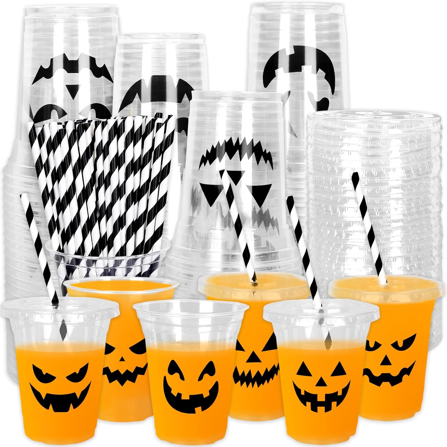 Whaline 60Pcs Halloween Disposable Plastic Cups with Lids and Straws 12oz Jack-O-Lantern Pumpkin Cold Beverage Drinking Cups Scary Printed Party Cup for Trick or Treat Party Supplies