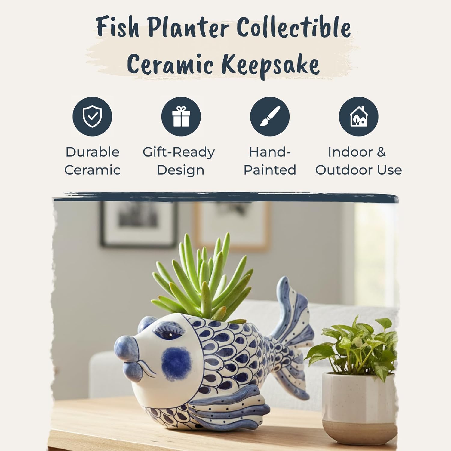 Blue Sky Clayworks Fish Planter, Ceramic, 9.62" L x 6.5" W, Hand-Painted Coastal Whimsy