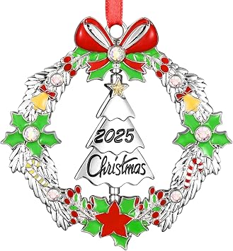 Christmas Ornament 2025 Decoration for Tree Hanging Metal Christmas Wreath | Shiny Silver Ornaments with Rotatable Tree Dated 2025, Holiday Decorative Xmas Annual Keepsake Gifts for Family Friends