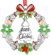 Christmas Ornament 2025 Decoration for Xmas Tree Hanging Metal Christmas Wreath with Rotatable Tree Dated 2025 Shiny Silver Ornaments Holiday Decorative Xmas Gifts for Family Friends