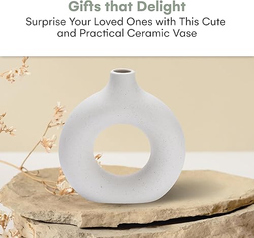 Miniatura 6 de Hallops Jarrón de cerámica para decoración moderna del hogar - Floreros de pampa redondos huecos blancos mate - Diseño de rosquilla para tema