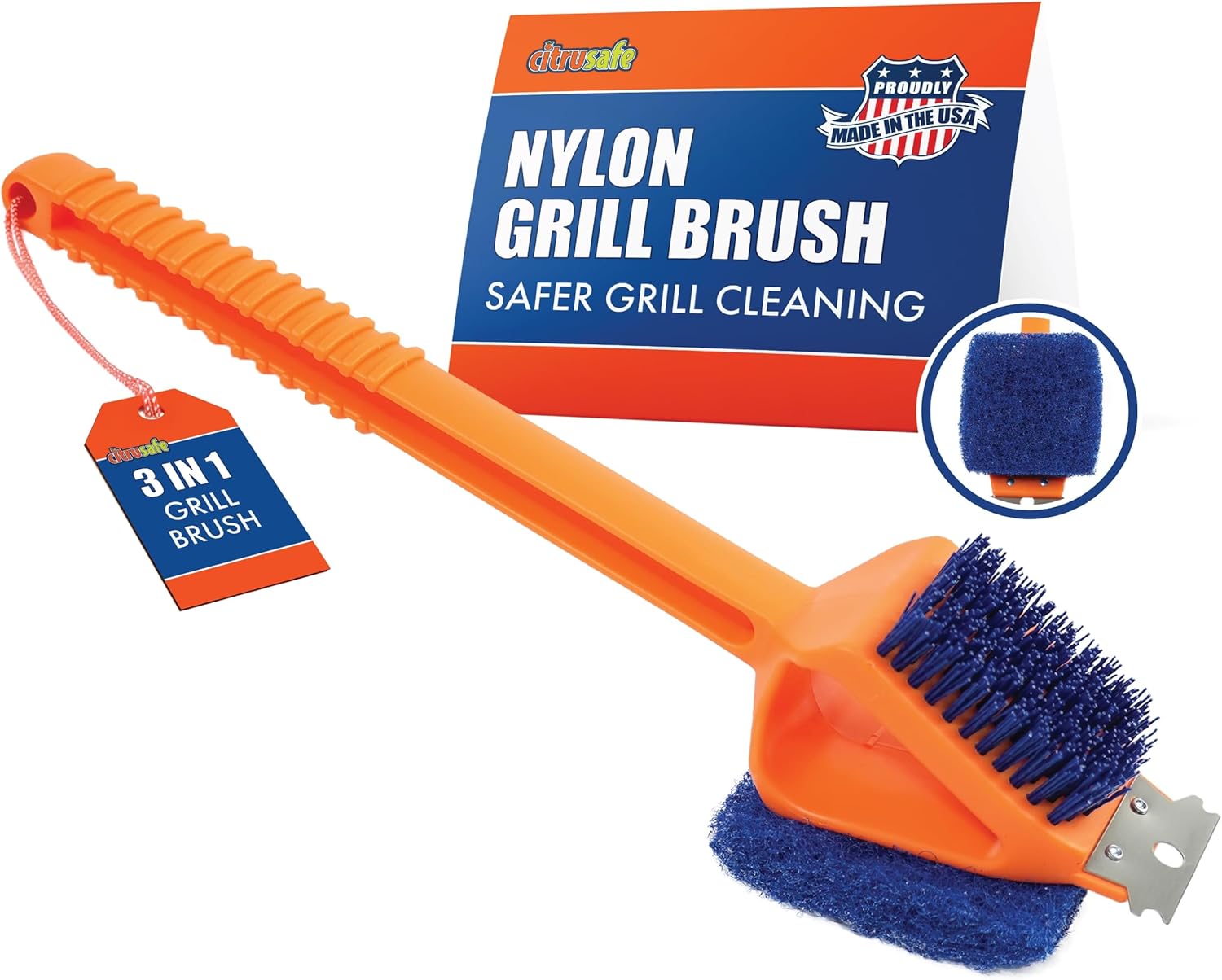 CitruSafe 3in1 Nylon Grill Brush with Scraper & Scrubber - Made in USA - Safe Grill Brush - Grill Brush Non Metal Bristles - BBQ Brushes for Grill Cleaner - Non Metal Grill Brush for Outdoor Grill