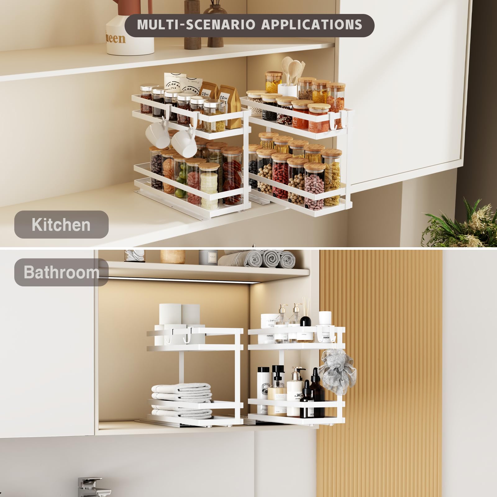 Magheo 2 Piezas Especiero Extraible para Cocina, Metal Organizador Especias No Se Permite La Reunión Organizador de Especias para Alacena Cocina Vertical Spice Rack Sin Taladro(2 Niveles,Blanco)