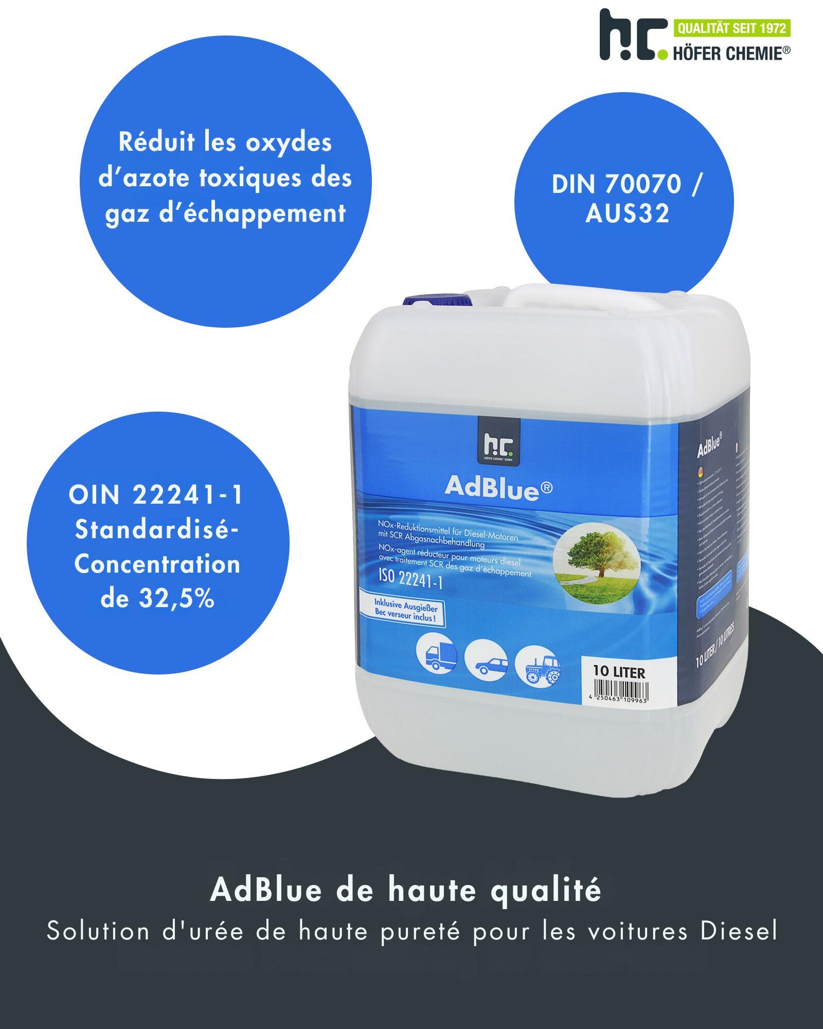 Höfer Chemie AdBlue 2 x 10L avec bec verseur - solution d'urée pour voitures diesel - bidon avec bec verseur - réduit les oxydes d'azote toxiques