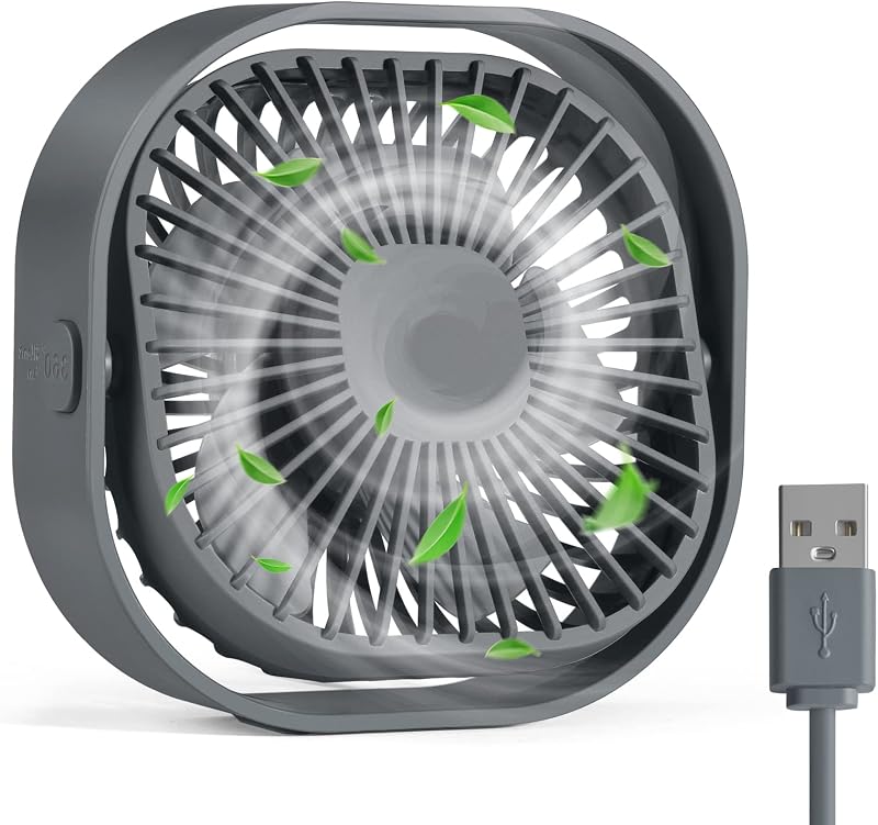 RJVW Ventilador de escritorio USB pequeño de 4 pulgadas, ventilador de refrigeración giratorio de 360° y 3 velocidades | Ventilador de escritorio alimentado por USB para el hogar, oficina, dormitorio, interior, exterior, regalo de verano