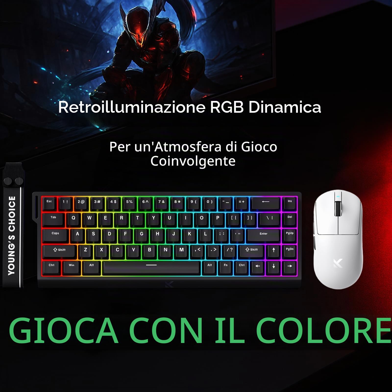 FOXMM x MCHOSE Ace68 HE Tastiera Gaming 65% RGB Wired Rapid Trigger 8000Hz, Switch Effetto Hall Magnetico ICE Blue, Corsa Regolabile Ultra Precisione 0,005 mm, per giochi FPS, Nero