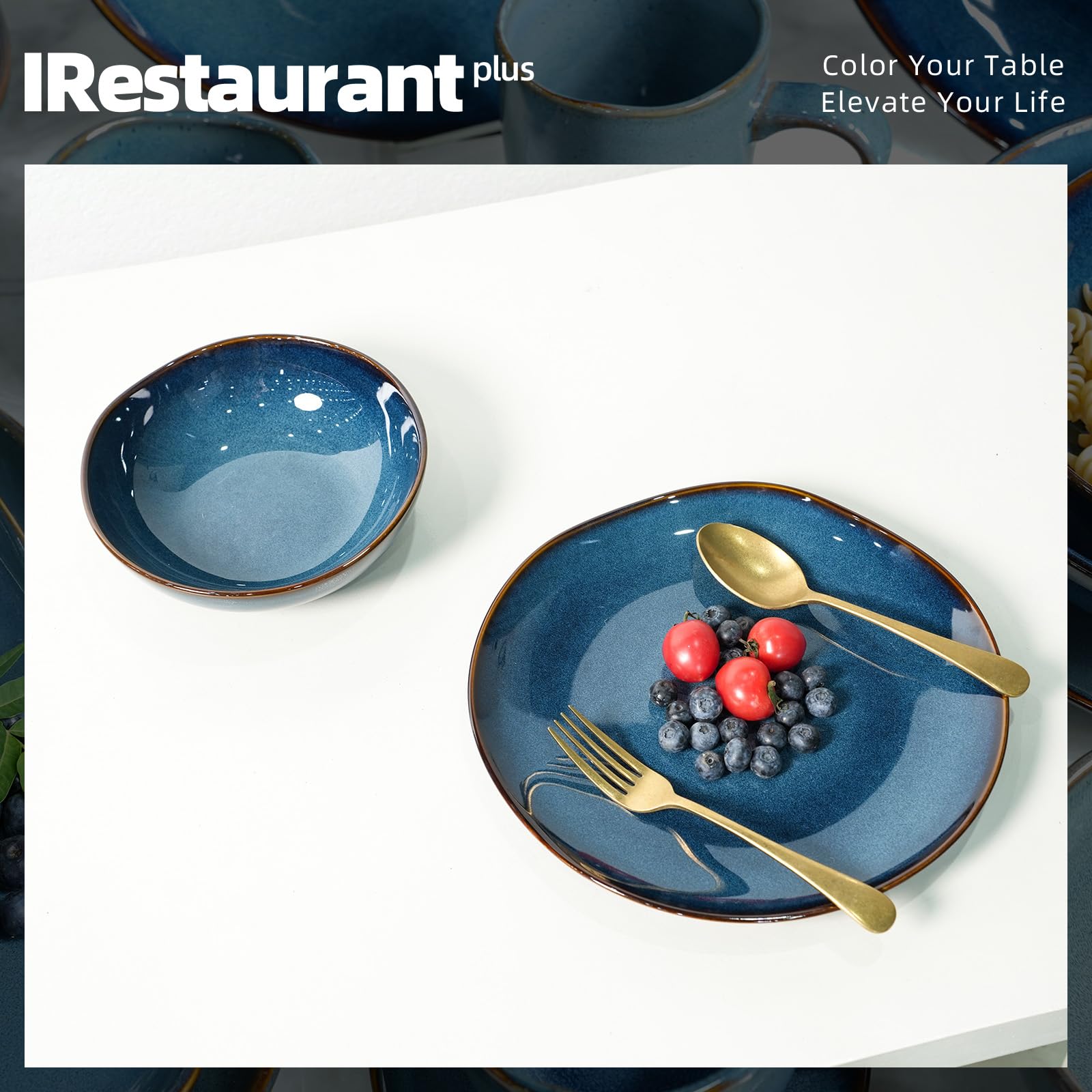 Highland Service de table 16 pièces pour 4 personnes, double bol, assiettes et bols en grès résistant aux rayures, passe au micro-ondes et au lave-vaisselle - Vernis naturel réactif - Bleu