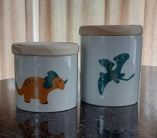 Kit higiene bebê Dinossauro 2 potes - Peças Porcelana Tampas Pinus