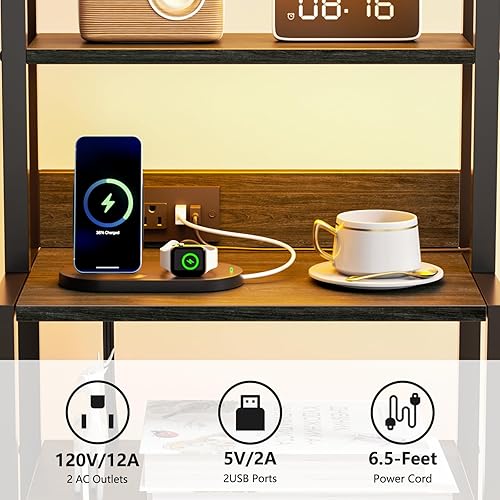 Miniatura 5 de Furnulem Mesita de noche alta con estantes de 4 niveles y 3 cajones de tela, mesas auxiliares de cama LED con estación de carga, mesita de noche