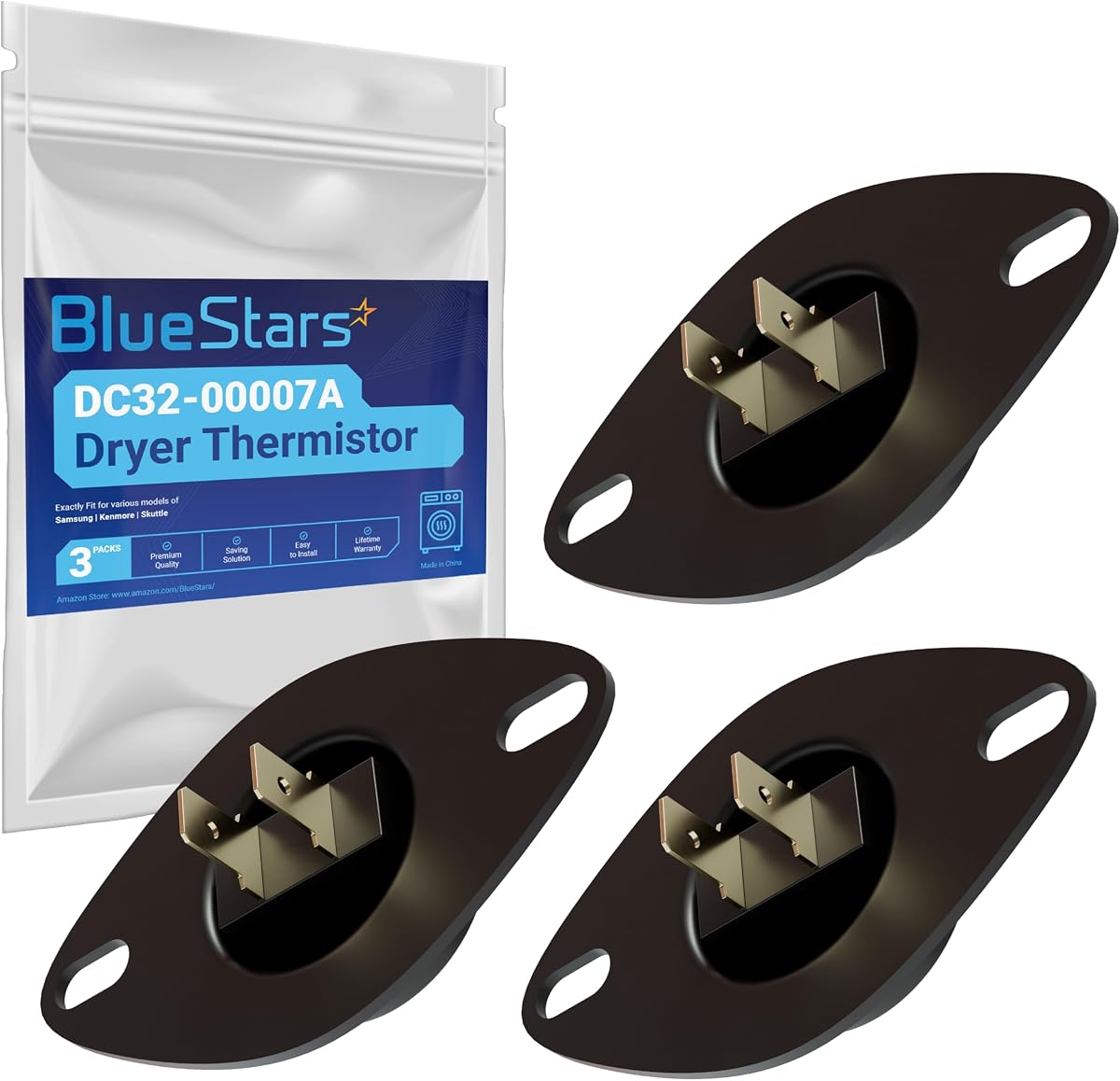 BlueStars UPGRADED DC32-00007A Dryer Thermistor DIRECT - Pack of 3 | Compatible with Samsung & Kenmore dryers - Replaces PS4204984, AP4201716, 2068429, PS2461163.