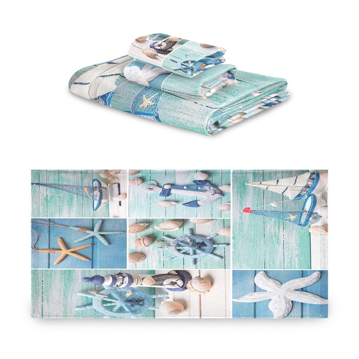 ALAZA Starfish Seashell Lighthouse Anchor Soft 3 Piece Bath Towels Set for Bathroom Spa Hotel, 1 Bath Towel+ 1 Hand Towel+ 1 Washcloth