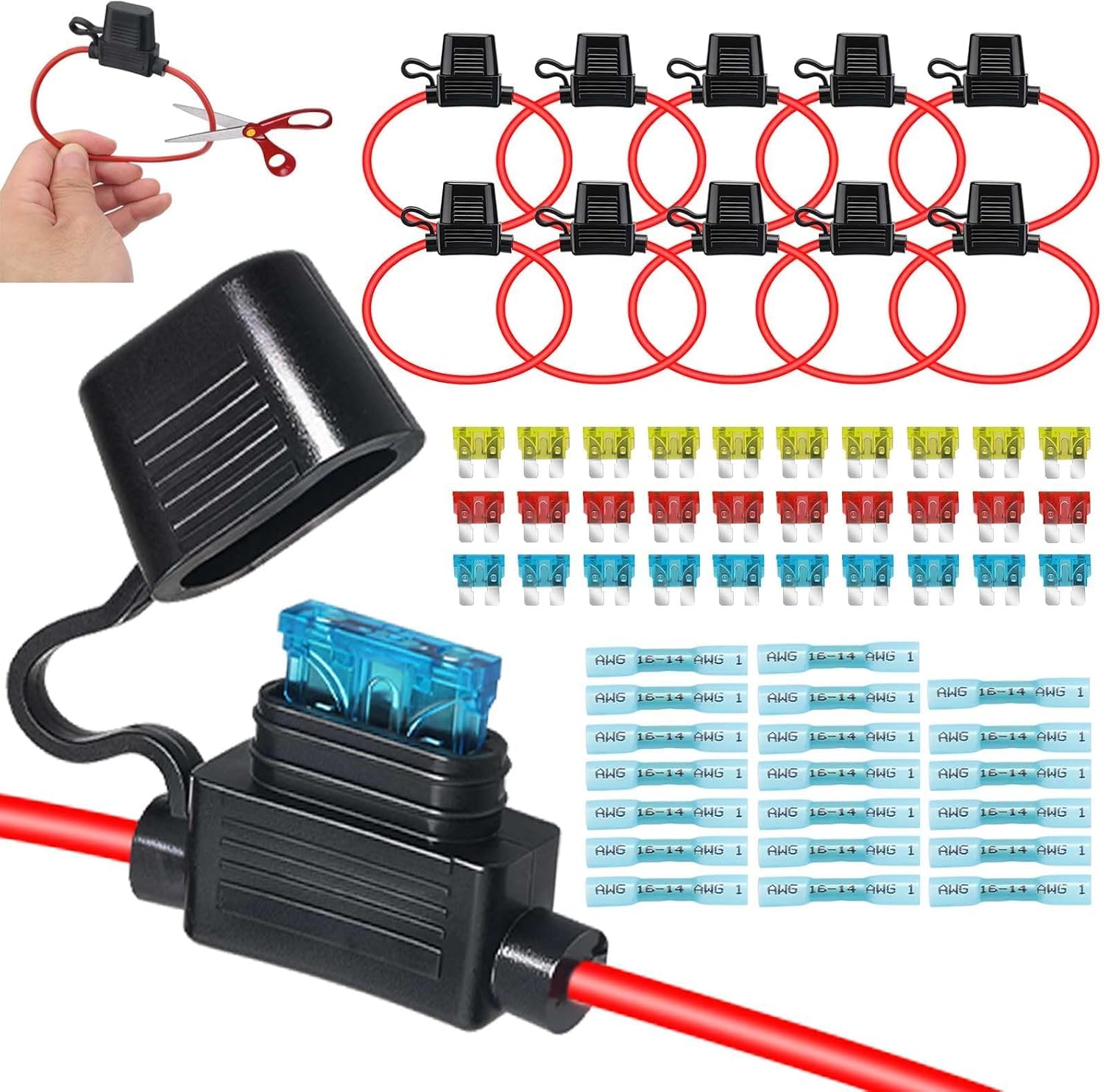 Linkstyle 14 AWG Inline Fuse Holder: 10 Pack Waterproof ATC/ATO Fuse Holders with 30pcs Standard Blade Fuses (10A,15A, 20A)?20PCS Heat Shrink Tubes, Upgraded 12V Fuse Holders for Marine Auto RV