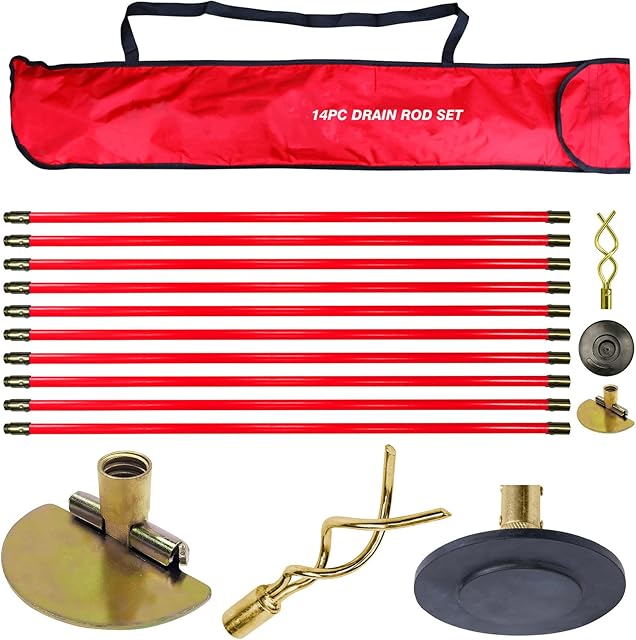 Pro 30ft Drain Rod Set Kit in Carry Bag Professional Heavy Duty Unlock Plunger Worm Scraper Cleaning Rods Rodding 14 PC 9m Length