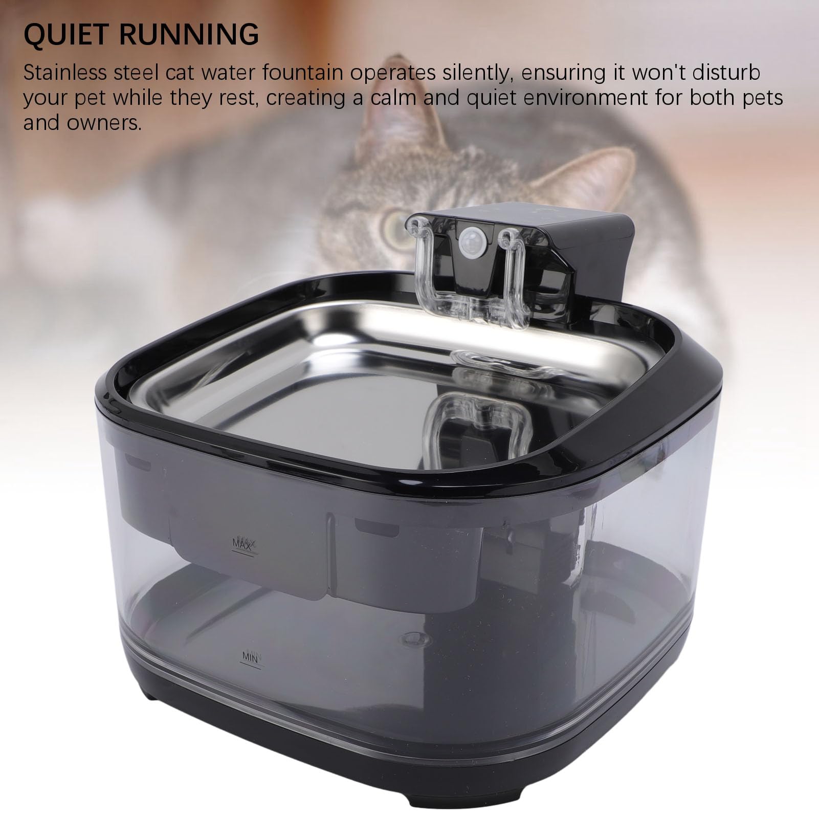 AMONIDA Fuente para Mascotas de 4,5 L, Fuente de Filtración de Circulación Silenciosa, de Cuenco de Acero Inoxidable, Ideal para Perros y Gatos (Black)