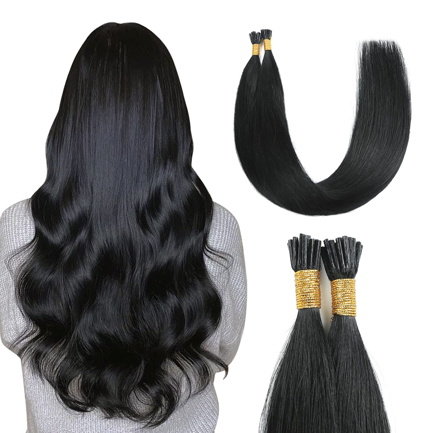 SunyaI Tip Hair Extensions Human Hair Black 18 Inch Itip Hair Extensions Human Hair Jet Black I Tip Hair Extensions Remy Itip Human Hair Extensions 40g/50Strands