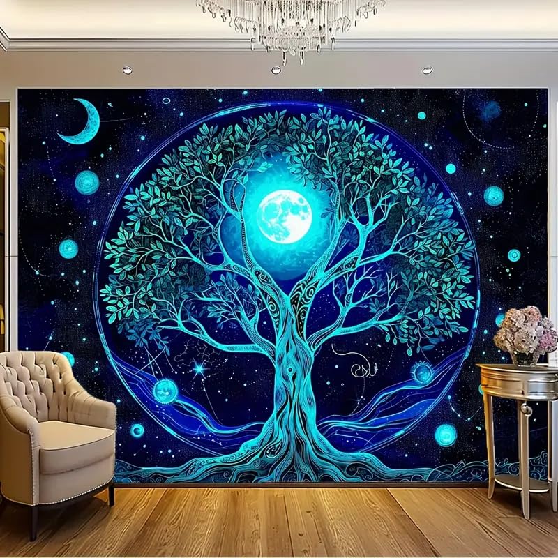 FENDROM Blue Moon Tree of Life Tapestry Galaxy Space Landscape Wall Hanging Aesthetic UV Reactive Fantasy Tree Art Decor Posters for Bedroom Living Room Dorm - Image 4