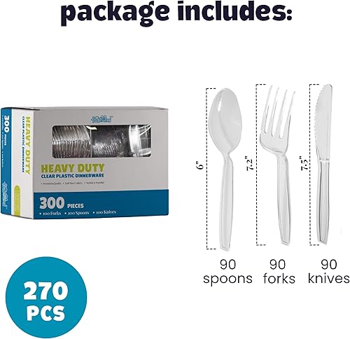 Miniatura 6 de Utensilios de plástico transparente resistentes 270 piezas - Juego de cucharas y cuchillos de plástico - Cubiertos desechables - Utensilios de