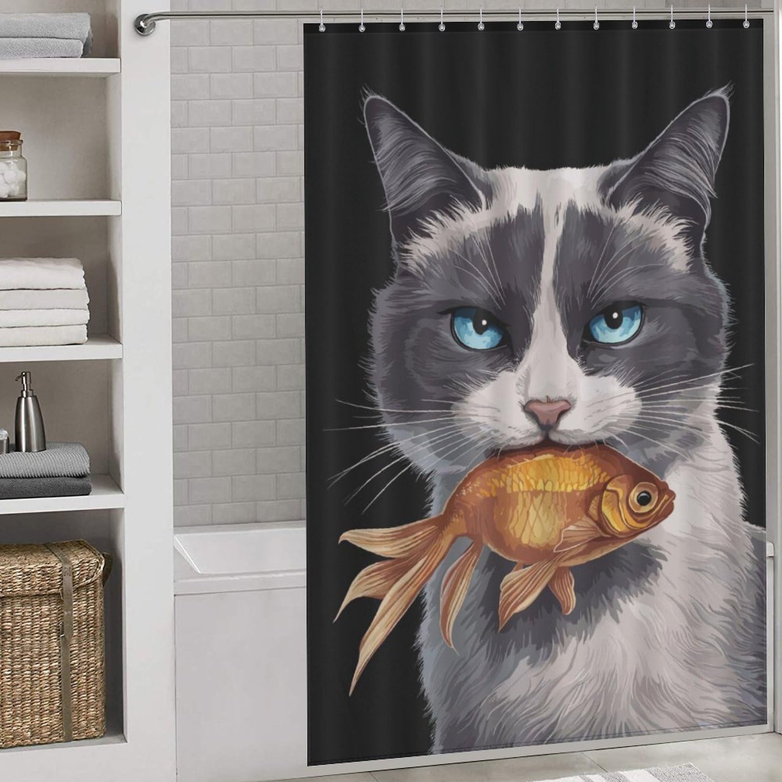 Rideau de douche chat et poisson rigolo pour baignoire 143x180cm
