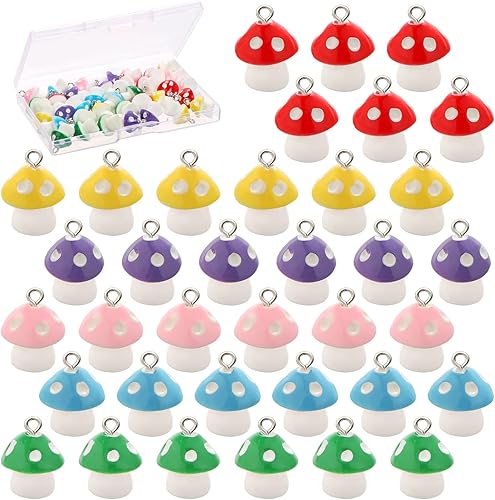 BENBO 36 dijes de hongo, mini resina en forma de hongo, joyería para encontrar dijes coloridos de hongos con caja para bricolaje, pulseras, aretes,