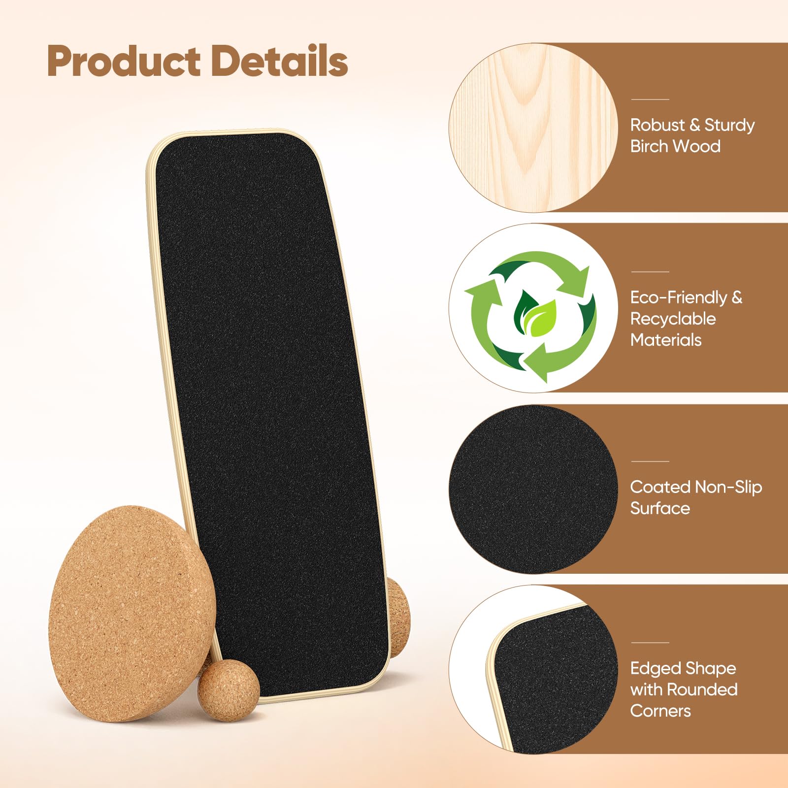 8-in-1 Balance Board Erwachsene,Holz Balance Board Set Mit Korkrolle,Kork Halbkugel und Woodball,Balance-Trainer mit rutschfester Oberflächenbehandlung