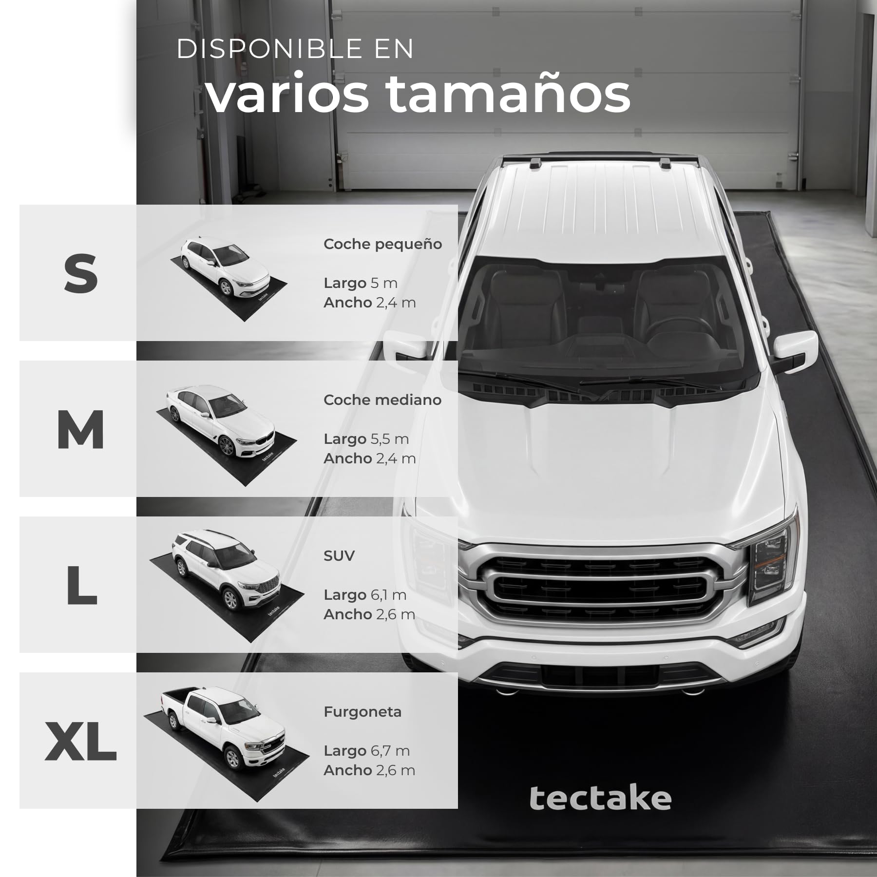 tectake® Tapete Garaje, Gomas Antideslizante, Protector Suelo 2,4 x 5,5 m, Borde Elevado, Incluye Extractor Extensible, Alfombra Antideslizante, Alfombra Protectora de Suelo - Negro